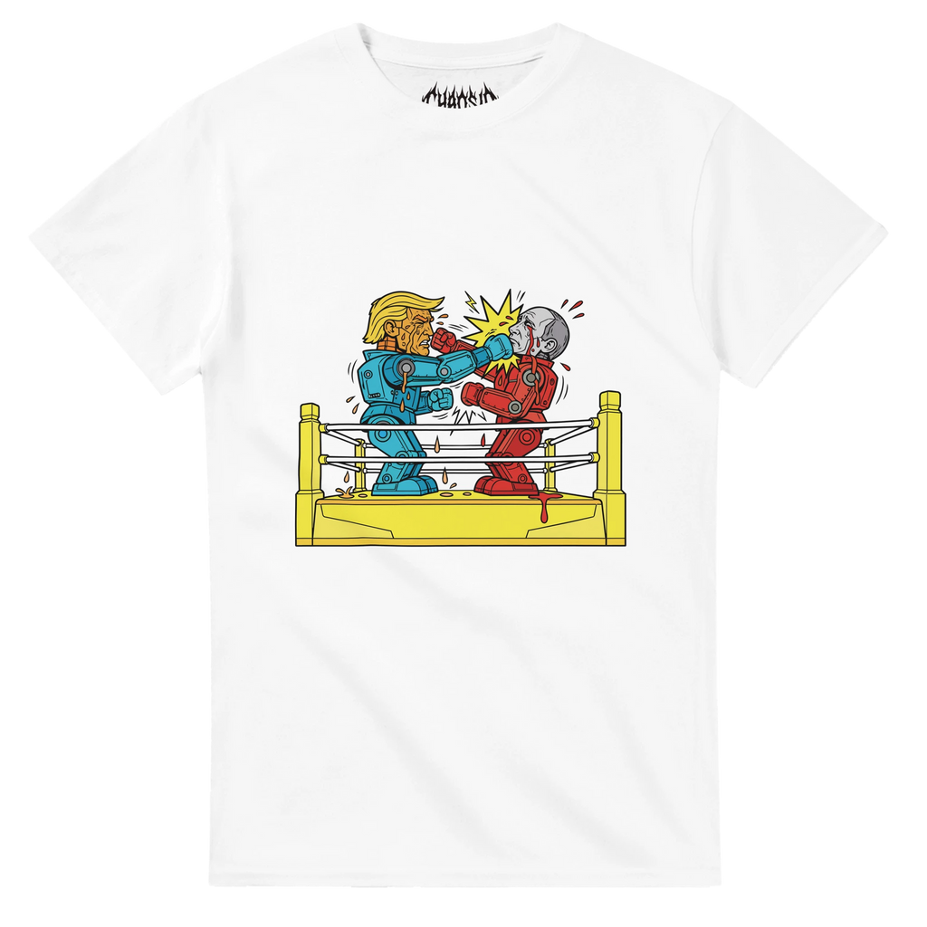 T-shirt Blamebots blanc au style streetwear et skate avec une illustration graphique de combat de robots