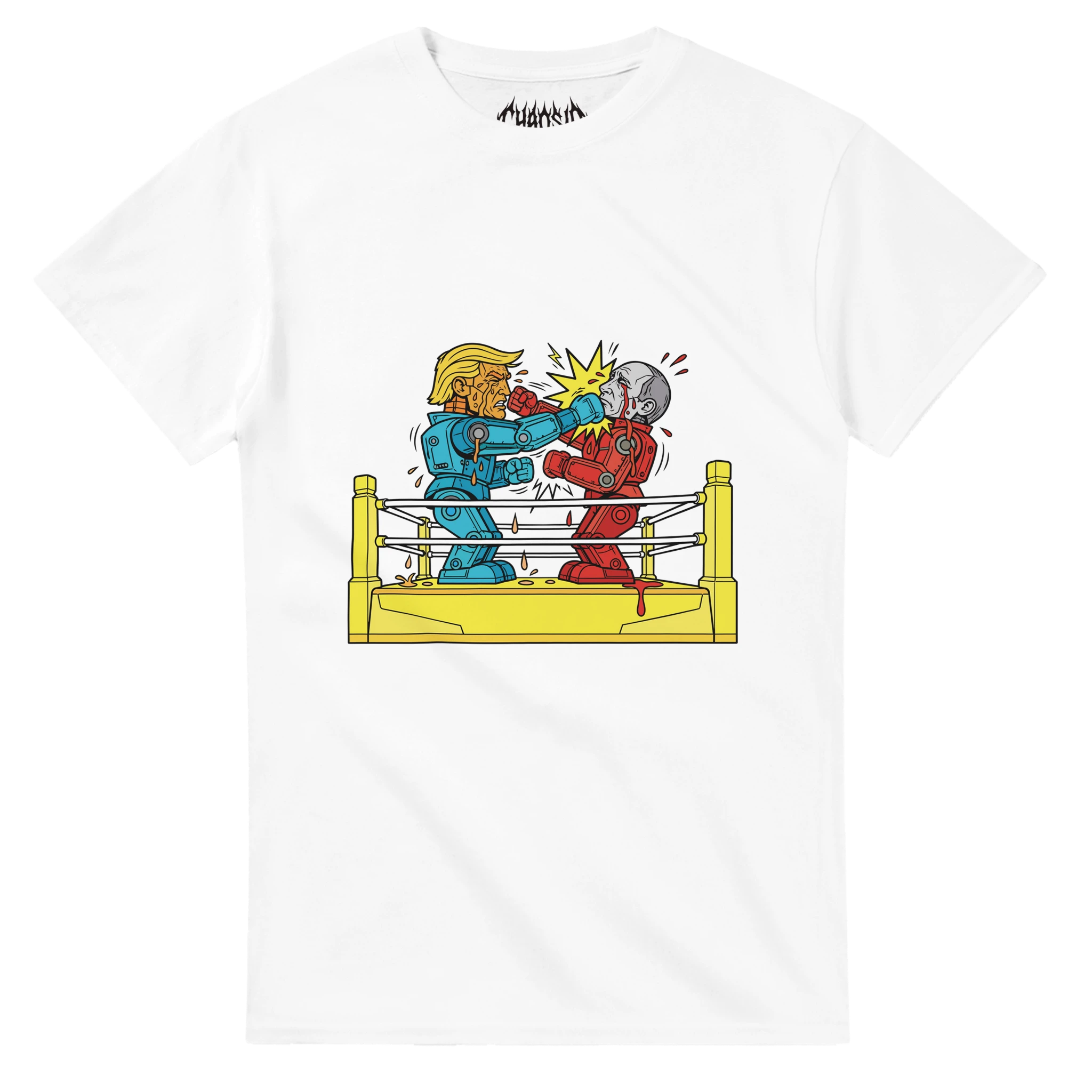 T-shirt Blamebots blanc au style streetwear et skate avec une illustration graphique de combat de robots